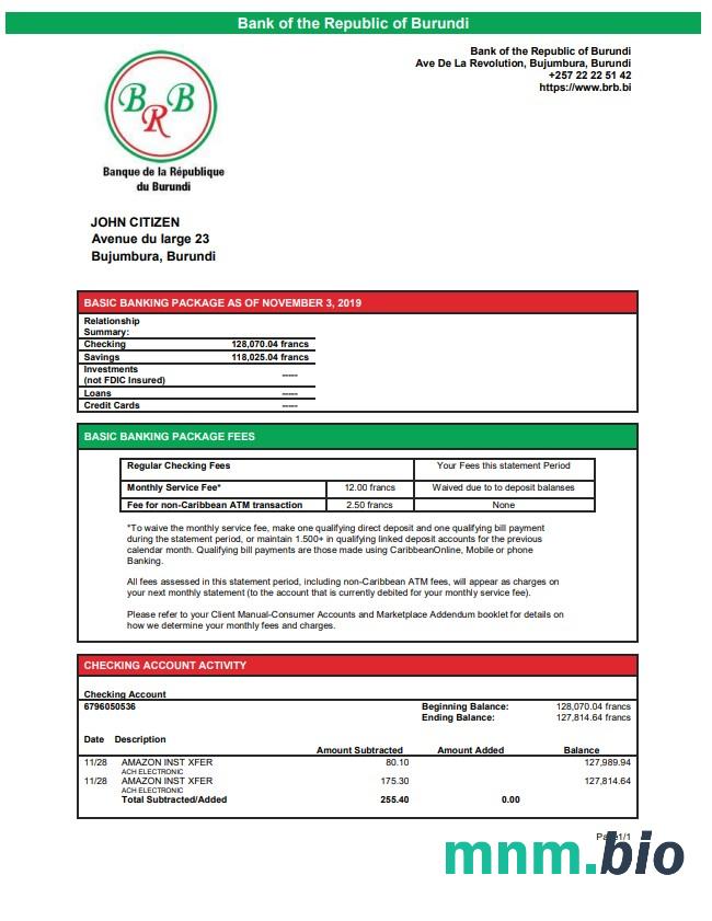 Szablon wyciągu bankowego Burundi Bank Of Africa w programie Word i PDF